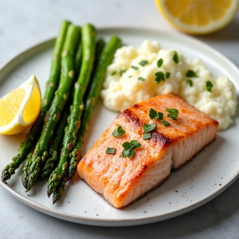 Seared Salmon with Roasted Asparagus and Cauliflower Mash