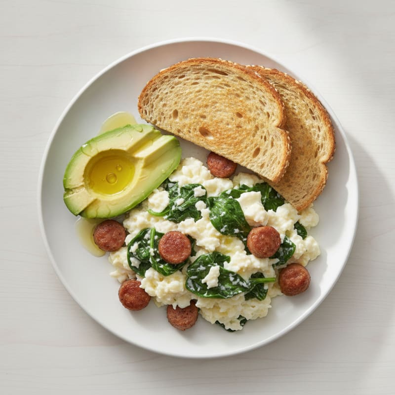 Egg White Spinach Scramble with Turkey Sausage