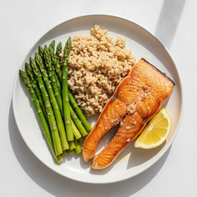 Seared Salmon with Steamed Asparagus and Brown Rice