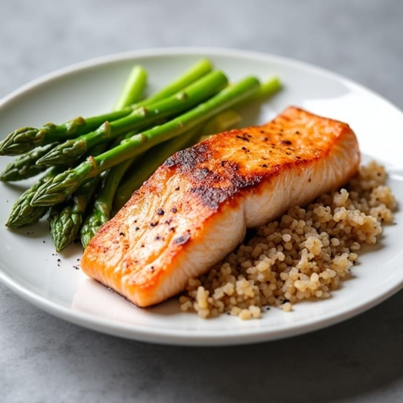 Seared Salmon Fillet with Steamed Asparagus and Brown Rice