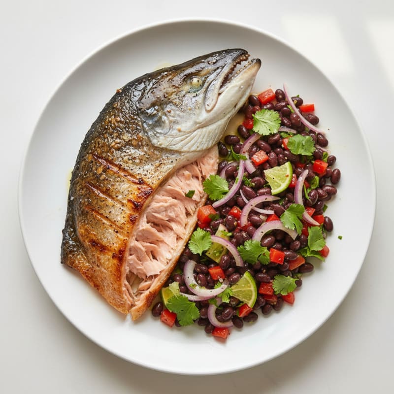Pan-Seared Salmon Head with Black Bean Salsa