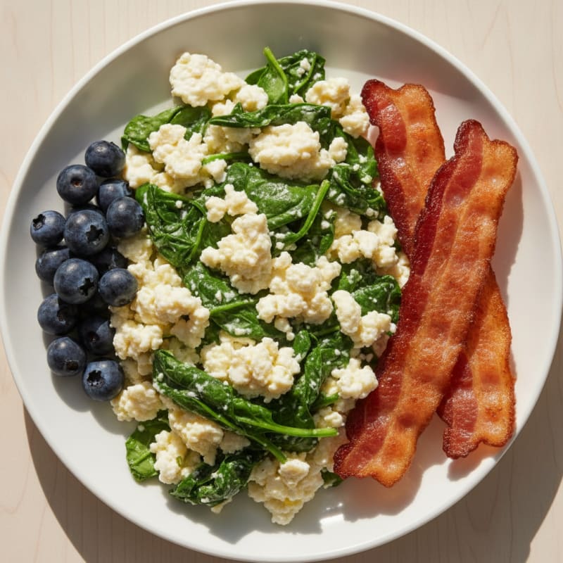 Cottage Cheese Scramble with Spinach and Turkey Bacon