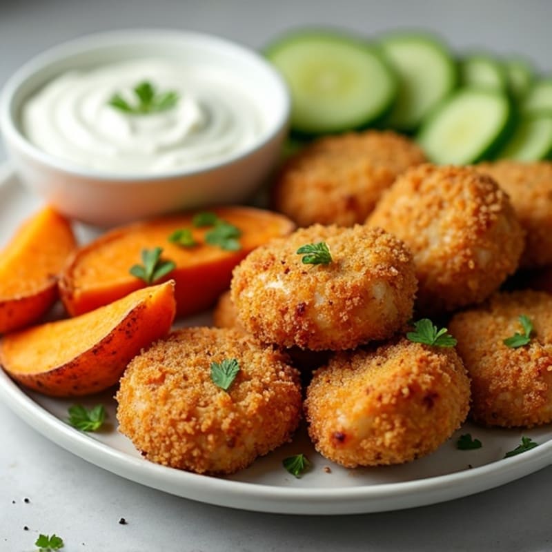 Crispy Baked Chicken Bites with Roasted Sweet Potato Wedges and Fresh Cucumber Dip