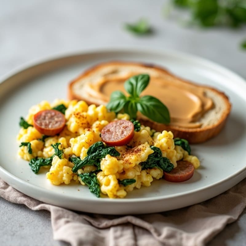 Egg White Scramble with Turkey Sausage and Sautéed Spinach