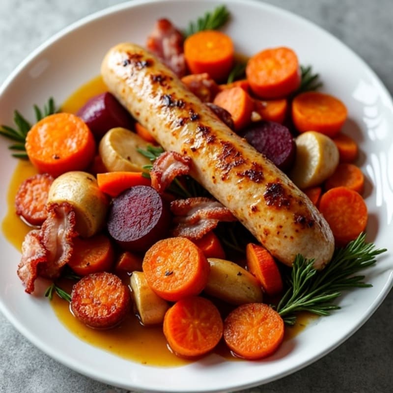 Sheet Pan Chicken Sausage with Crispy Turkey Bacon and Roasted Root Vegetables