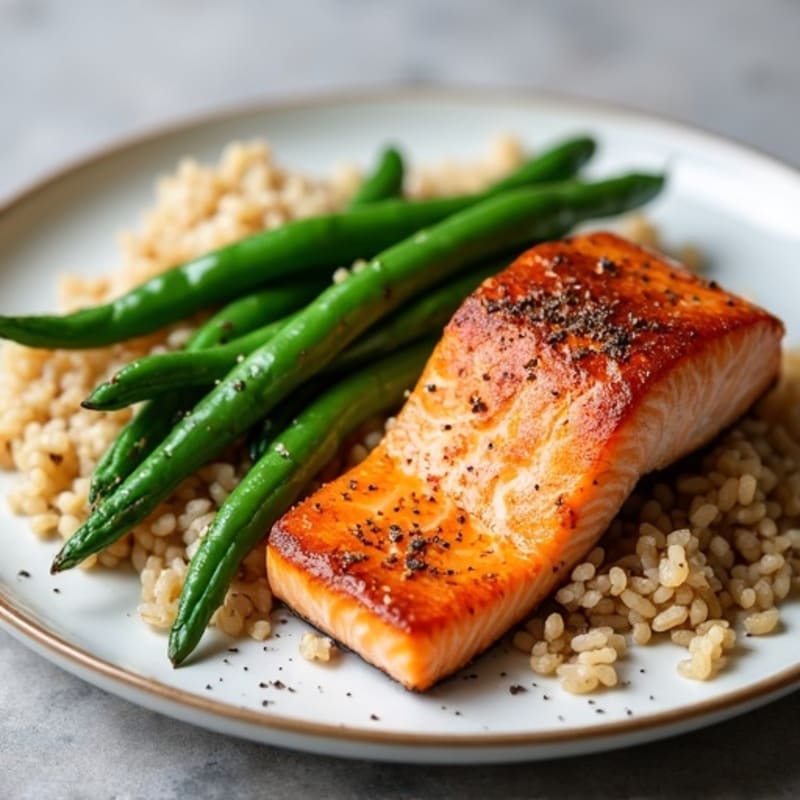 Seared Salmon Fillet with Garlic Green Beans and Brown Rice
