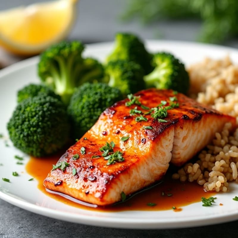 Pan-Seared Teriyaki Salmon with Roasted Broccoli and Brown Rice