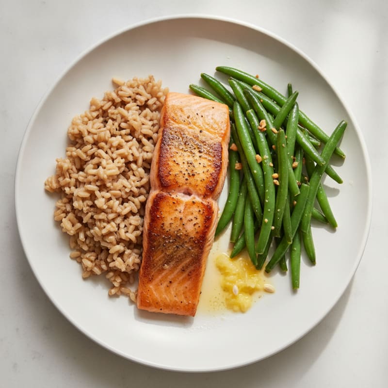 Seared Salmon with Garlic Green Beans and Brown Rice