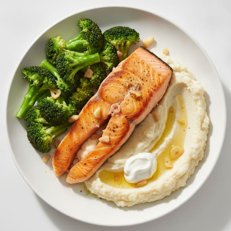Seared Salmon with Steamed Broccoli and Garlic Cauliflower Mash