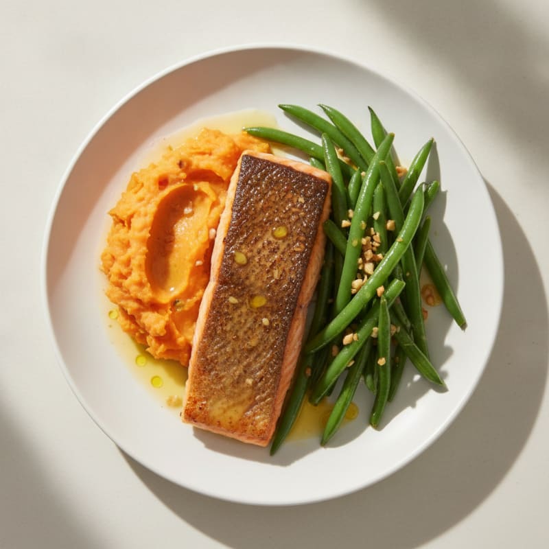 Seared Salmon with Garlic Green Beans and Sweet Potato Mash