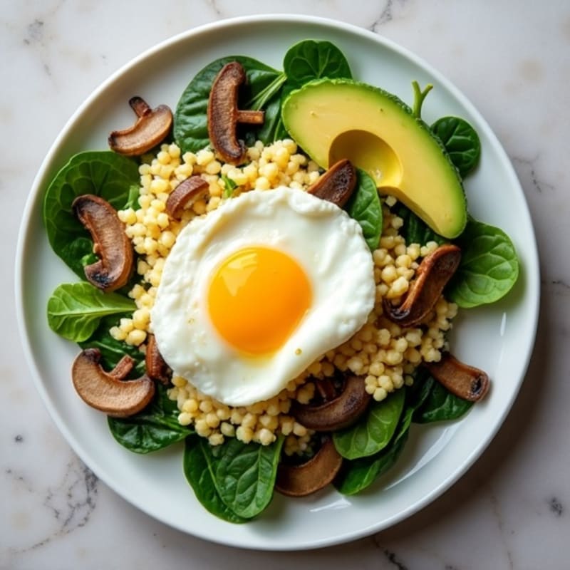 Cottage Cheese and Egg White Scramble with Spinach, Sautéed Mushrooms, and Avocado