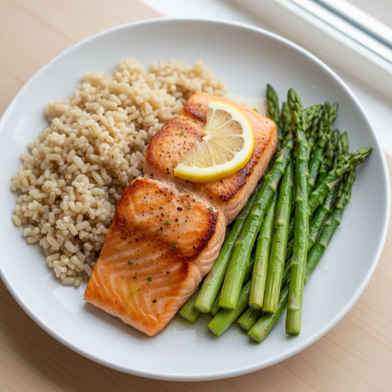 Seared Salmon with Steamed Asparagus and Brown Rice