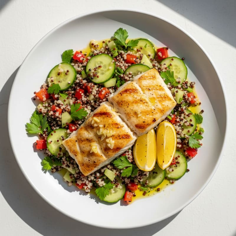 Grilled Citrus-Garlic Cod with Crunchy Quinoa Salad