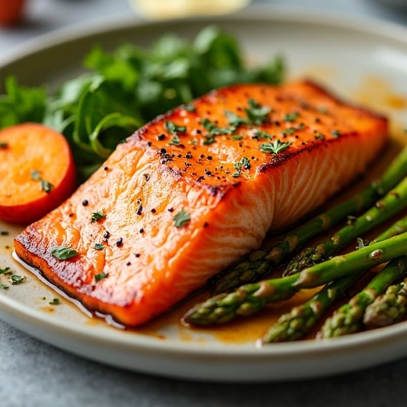 Sheet Pan Roasted Salmon with Crispy Asparagus and Sweet Potatoes