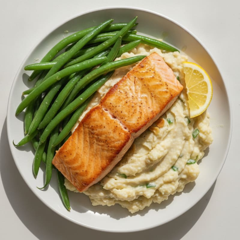 Seared Salmon with Green Beans and Garlic Cauliflower Mash