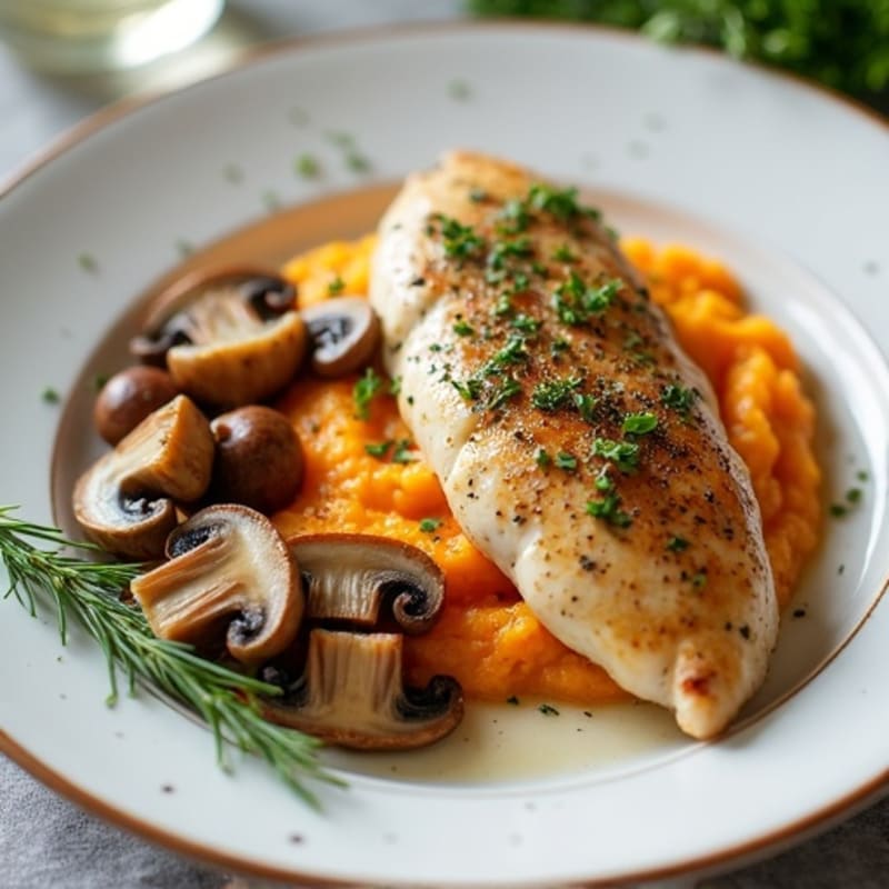 Herb-Poached Chicken with Silky Sweet Potato Ginger Mash and Sautéed Mushrooms