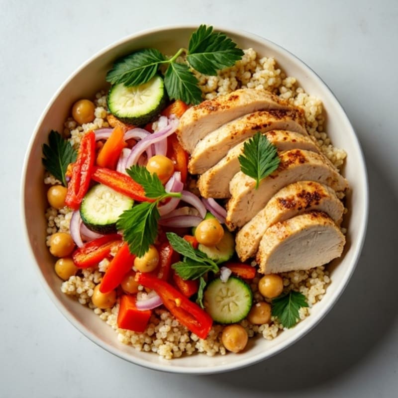 Fluffy Quinoa Bowl with Roasted Vegetables and Lemon Herb Dressing
