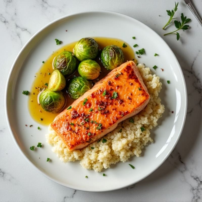 Seared Salmon with Roasted Brussels Sprouts, Cauliflower Mash & Lemon Quinoa