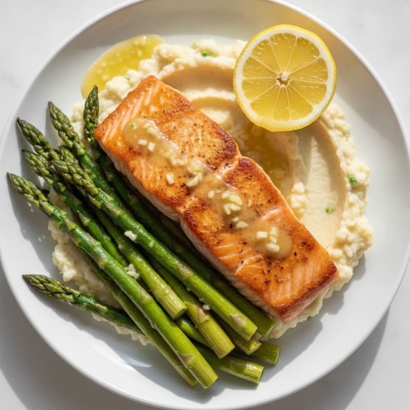Seared Salmon with Roasted Asparagus and Cauliflower Mash