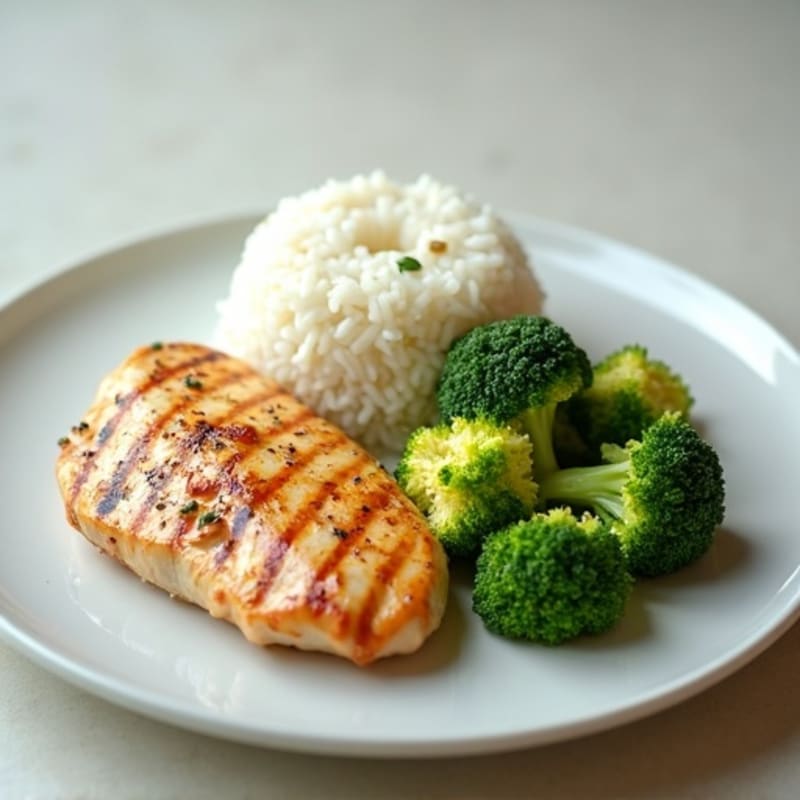 Grilled Chicken Breast with Steamed Rice and Broccoli