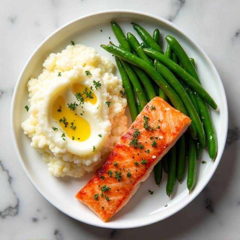 Seared Salmon with Garlic Green Beans and Cauliflower Mash