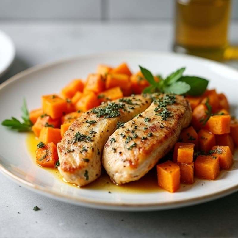 Garlic-Herb Pan Seared Chicken with Sweet Potato Hash