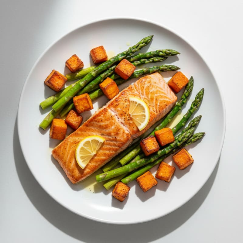 Seared Salmon Fillet with Roasted Sweet Potatoes and Asparagus