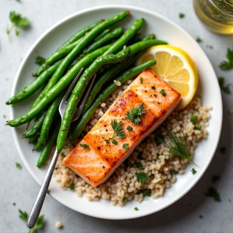 Seared Salmon Fillet with Steamed Green Beans and Herbed Brown Rice