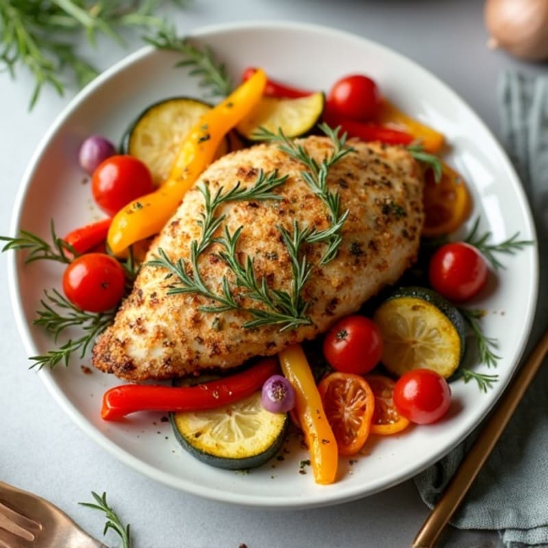 Herb-Crusted Sheet Pan Chicken with Roasted Rainbow Vegetables