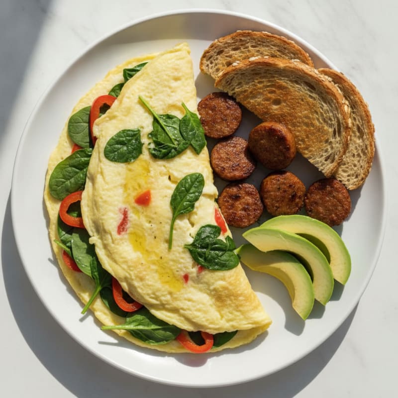 Egg White Spinach Omelette with Seared Turkey Sausage