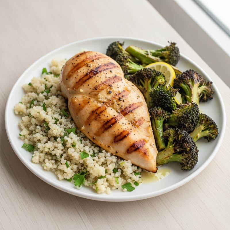 Grilled Chicken Breast with Quinoa and Roasted Broccoli
