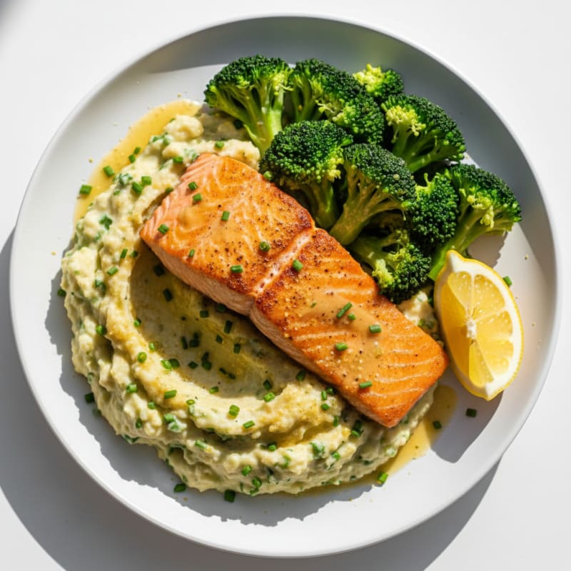 Seared Salmon Fillet with Steamed Broccoli and Herb-Cauliflower Mash