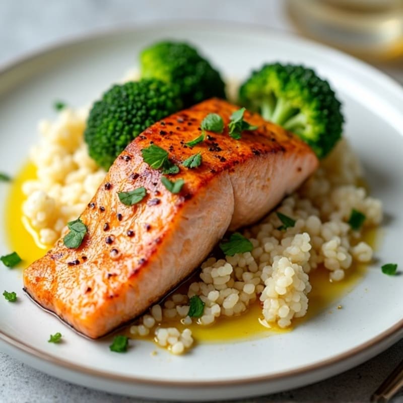 Seared Salmon with Steamed Broccoli and Cauliflower Rice
