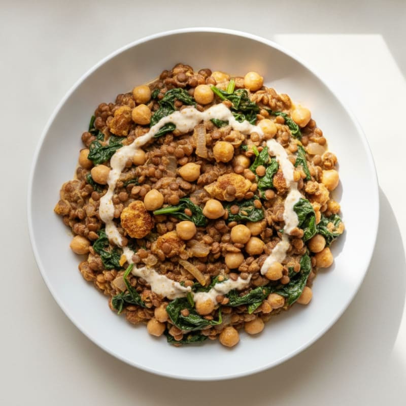 Creamy Lentil and Chickpea Stew with Wilted Spinach