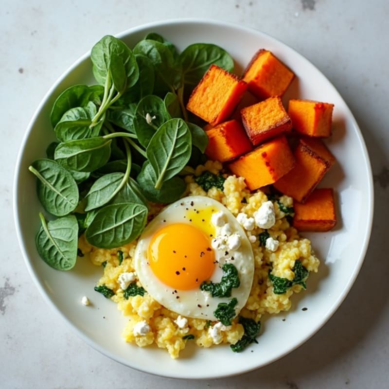 Egg White and Spinach Scramble with Roasted Sweet Potatoes