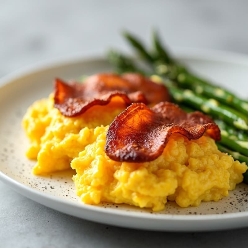 Fluffy Scrambled Eggs with Crispy Turkey Bacon and Roasted Asparagus