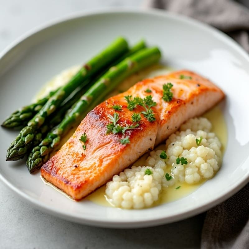 Seared Salmon with Steamed Asparagus and Cauliflower Mash