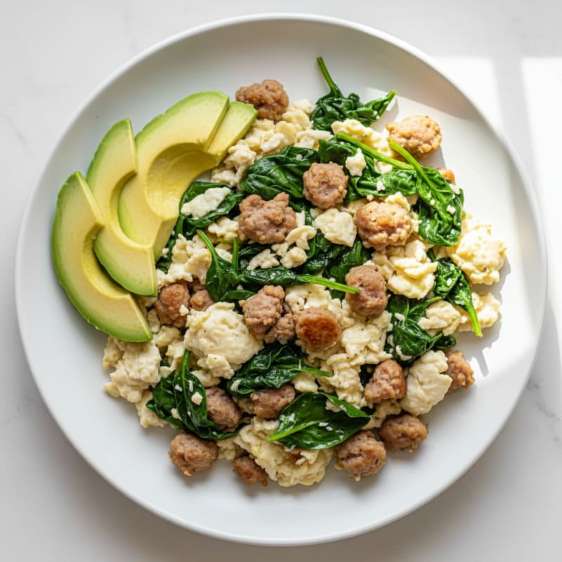 Scrambled Egg Whites with Turkey Sausage and Sautéed Spinach