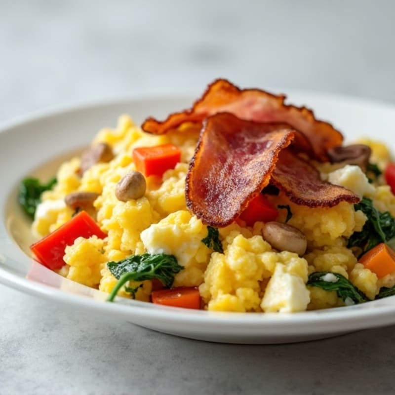 Egg White Vegetable Scramble with Cottage Cheese and Turkey Bacon