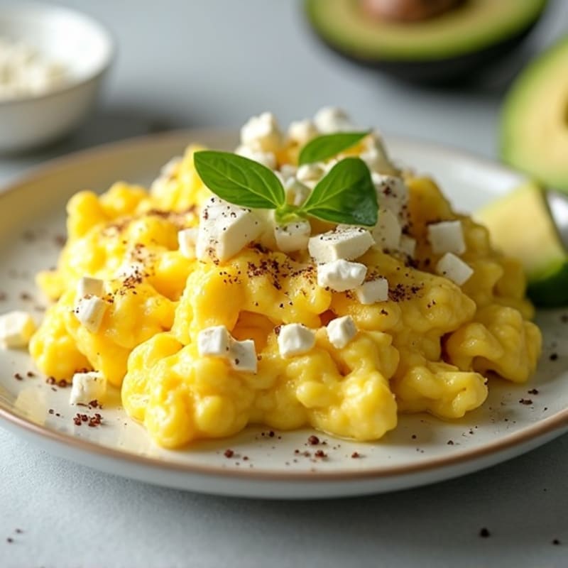 Fluffy Scrambled Eggs with Creamy Cottage Cheese, Feta, and Fresh Avocado