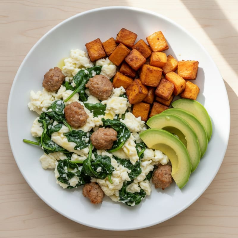 Egg White and Spinach Scramble with Turkey Sausage