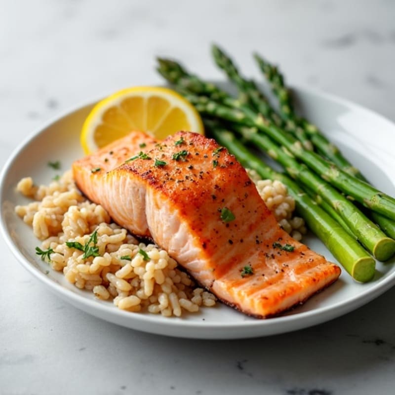 Seared Salmon with Steamed Asparagus and Brown Rice