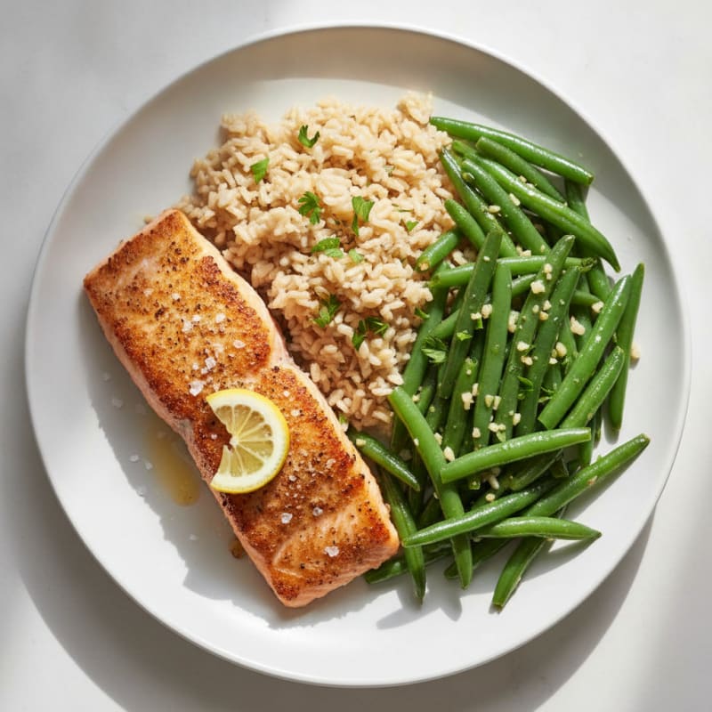 Seared Salmon with Garlic Green Beans and Brown Rice