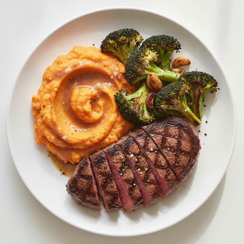 Seared Steak with Garlic Roasted Broccoli and Sweet Potato Mash