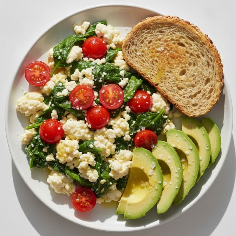 Cottage Cheese Egg White Scramble with Spinach and Cherry Tomatoes