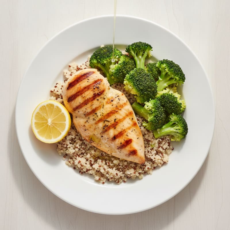 Grilled Chicken Breast with Steamed Broccoli and Quinoa
