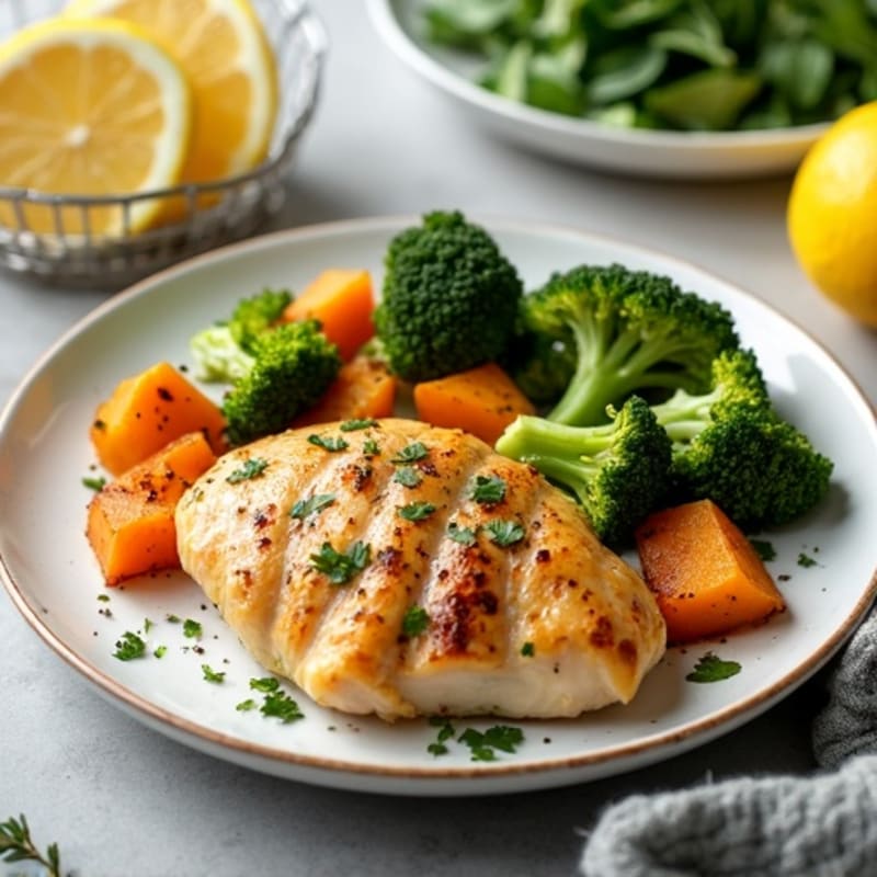 Lemon Herb Roasted Chicken with Crispy Broccoli and Sweet Potatoes