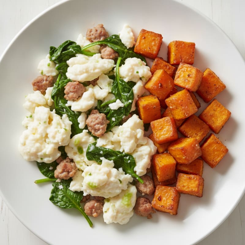 Egg White and Turkey Sausage Scramble with Spinach and Roasted Sweet Potato