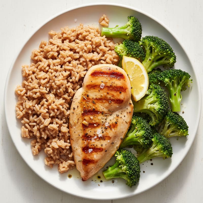 Grilled Chicken Breast with Brown Rice and Steamed Broccoli