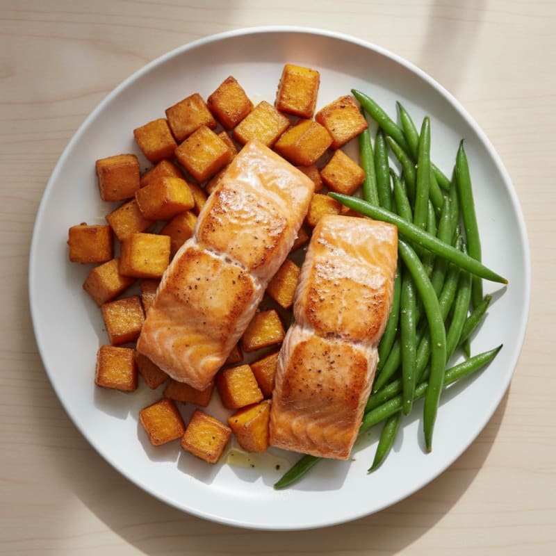 Baked Salmon with Roasted Sweet Potatoes and Green Beans